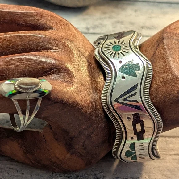 Carolyn Pollock Vintage Rare Storyteller Sterling & Inlay Stone Cuff Bracelet - Picture 2 of 10